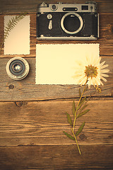 Image showing lens, retro camera and pressed plant