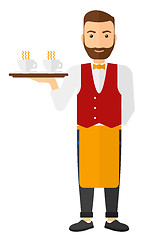 Image showing Waiter holding tray with beverages.