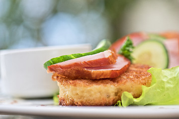 Image showing pancakes with ham and cucumber 