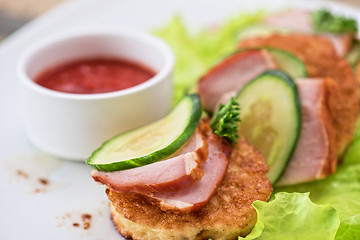 Image showing pancakes with ham and cucumber 