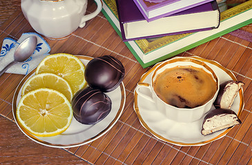 Image showing Still life : a Cup of black coffee on the table.