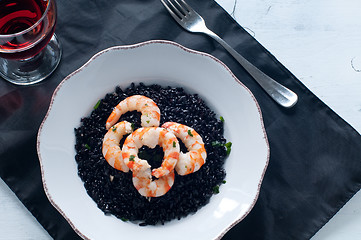 Image showing Black rice with prawns fresh