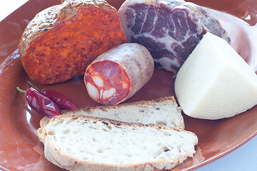 Image showing Typical salami and cheeses Calabrian brawn , ham , salami , n'du