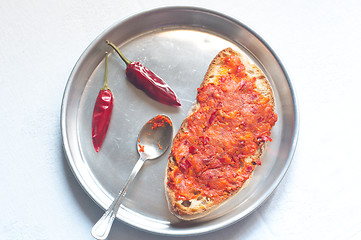 Image showing Bruschetta bread with spicy calabrese salami nduja