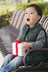Image showing Mixed Race Boy Opening A Christmas Gift Outdoors