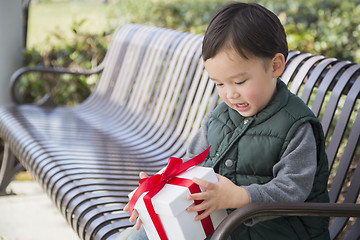 Image showing Mixed Race Boy Opening A Christmas Gift Outdoors