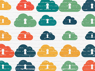 Image showing Cloud networking concept: Cloud With Keyhole icons on wall background