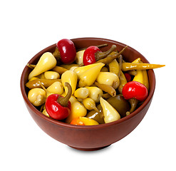 Image showing Mix of hot turkish marinated peppers in ceramic bowl