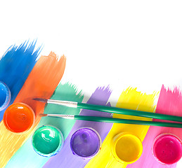 Image showing Color paints and brushes isolation on white background