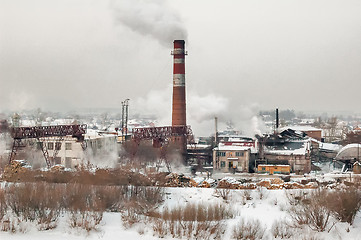 Image showing Plywood combine on river bank. Tyumen. Russia