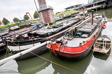 Image showing view at old boats on Rotterdam canal 