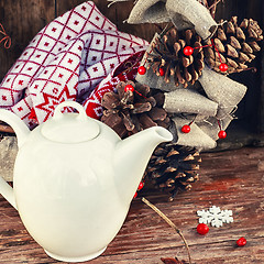 Image showing Autumn still life with white teapot