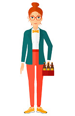 Image showing Woman with pack of beer.