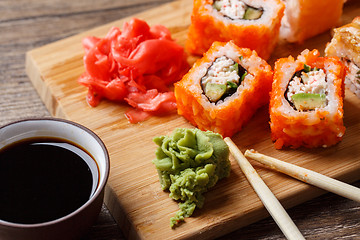 Image showing Closeup of sushi with soy sauce