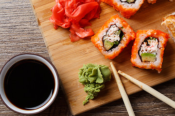Image showing Closeup of sushi with soy sauce