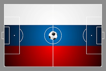 Image showing Bright soccer background with ball. Russian colors football field