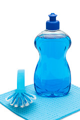 Image showing Dishwashing liquid with brush and cloth