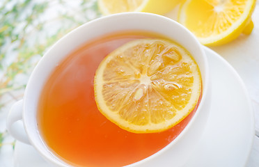 Image showing Fresh tea with lemon in the white cup