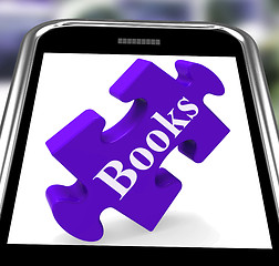 Image showing Books Smartphone Means E-Book Or Reading App