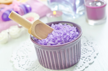 Image showing sea salt, soap and candle