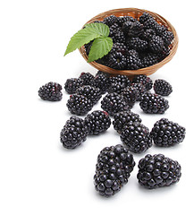 Image showing Fresh blackberry with leaf in basket