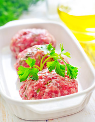 Image showing Raw meat balls in the white bowl