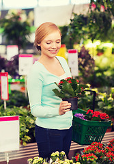 Image showing happy woman with shopping basket choosing flowers