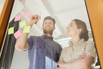 Image showing happy creative team writing on blank office glass