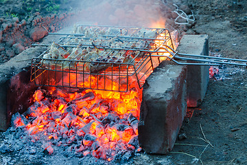 Image showing Pieces of chicken baked over charcoal fire on the gridiron