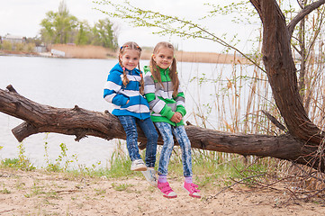 Image showing Two girls sit on a fallen tree on the river bank