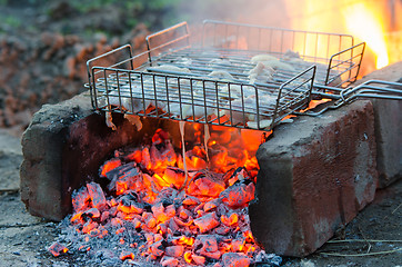 Image showing Chicken meat baked in the fire on the grill grate