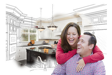 Image showing Laughing Couple With Kitchen Design Drawing and Photo Behind