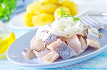 Image showing herring with onion on blue plate