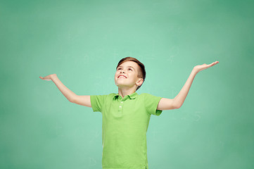 Image showing happy school boy in polo t-shirt raising hands up