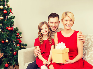 Image showing smiling family holding gift box