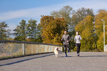 Image showing happy couple with dog running outdoors