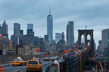 Image showing Brooklyn bridge at dusk, New York City.