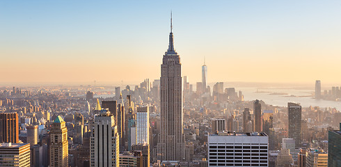 Image showing New York City Manhattan skyline in sunset.