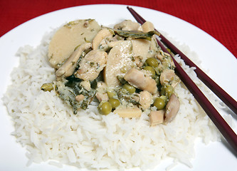 Image showing Green curry and rice on plate horizontal