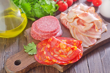 Image showing sausages,ham and salami on board