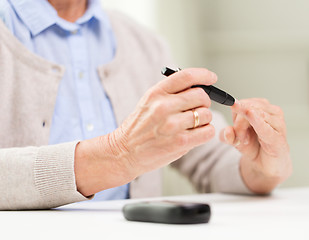 Image showing senior woman with glucometer checking blood sugar