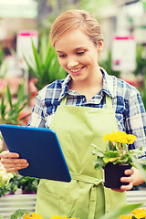 Image showing happy woman with tablet pc in greenhouse