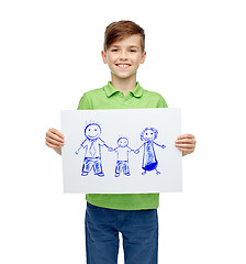 Image showing happy boy holding drawing or picture of family
