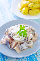 Image showing herring with onion on blue plate