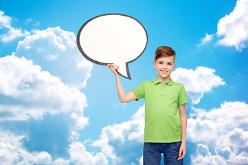 Image showing happy boy holding blank white text bubble banner