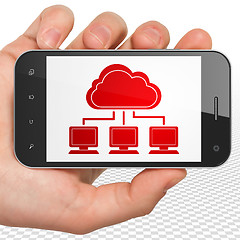 Image showing Cloud technology concept: Hand Holding Smartphone with Cloud Network on display