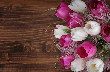 Image showing tulip bouquet on wood background