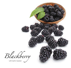 Image showing Fresh blackberry with leaf in basket