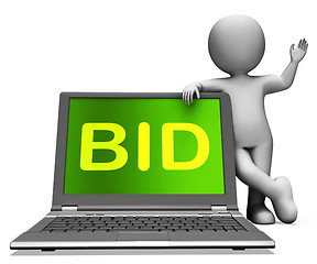 Image showing Bid Laptop And Character Shows Bidder Bidding Or Auctions Online