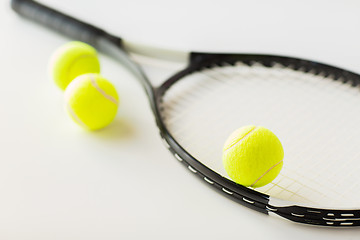 Image showing close up of tennis racket with balls